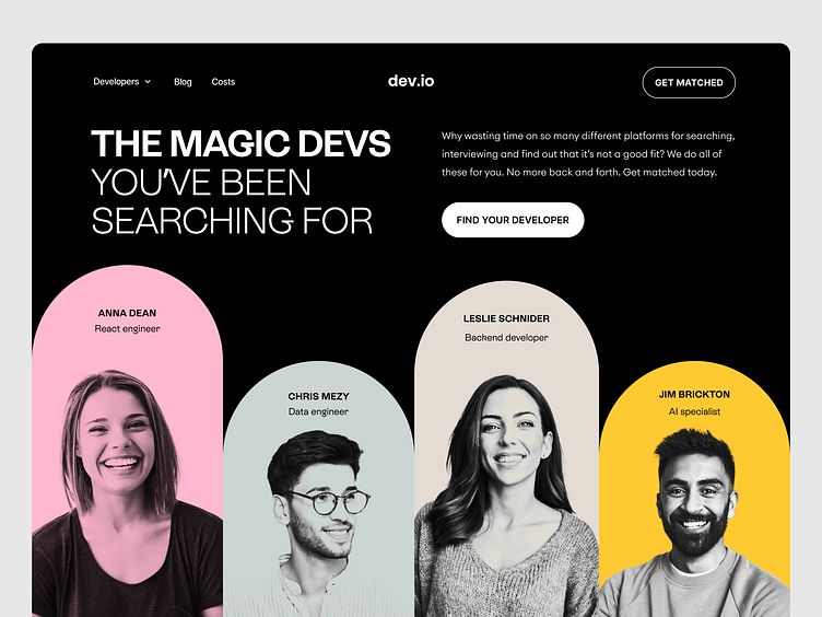 Website section titled 'The Magic Devs You've Been Searching For' showing headshots of four developers with names and roles: Anna Dean (React engineer), Chris Mezy (Data engineer), Leslie Schnider (Backend developer), and Jim Brickton (AI specialist).