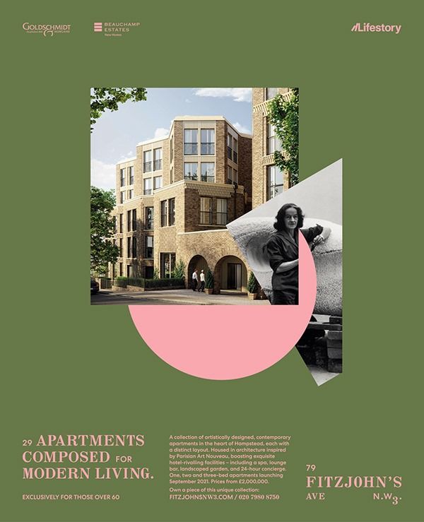 Modern brick apartment building with large windows and arches, alongside a black-and-white photo of an artist sculpting, promoting 29 apartments for modern living at Fitzjohn's Avenue.
