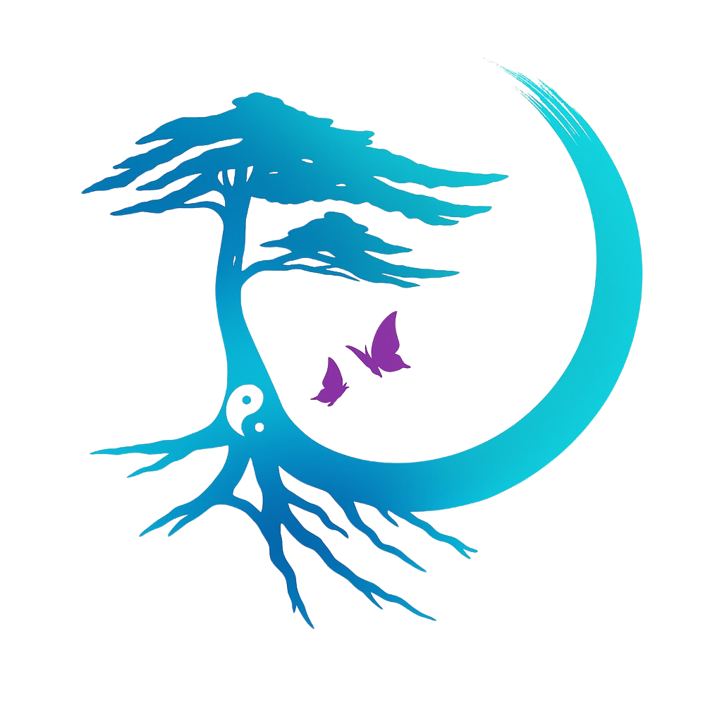 Arbre stylisé bleu avec racines, symbole yin-yang noir et blanc dans le tronc, deux papillons violets et croissant de lune.