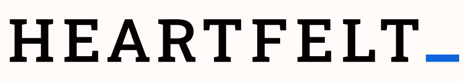 The word 'HEARTFELT' in bold black font followed by a small blue underscore.
