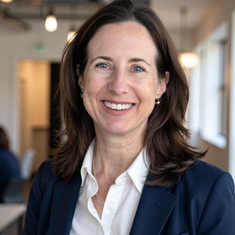 Smiling woman with shoulder-length brown hair wearing a white shirt and navy blazer in an indoor office setting.