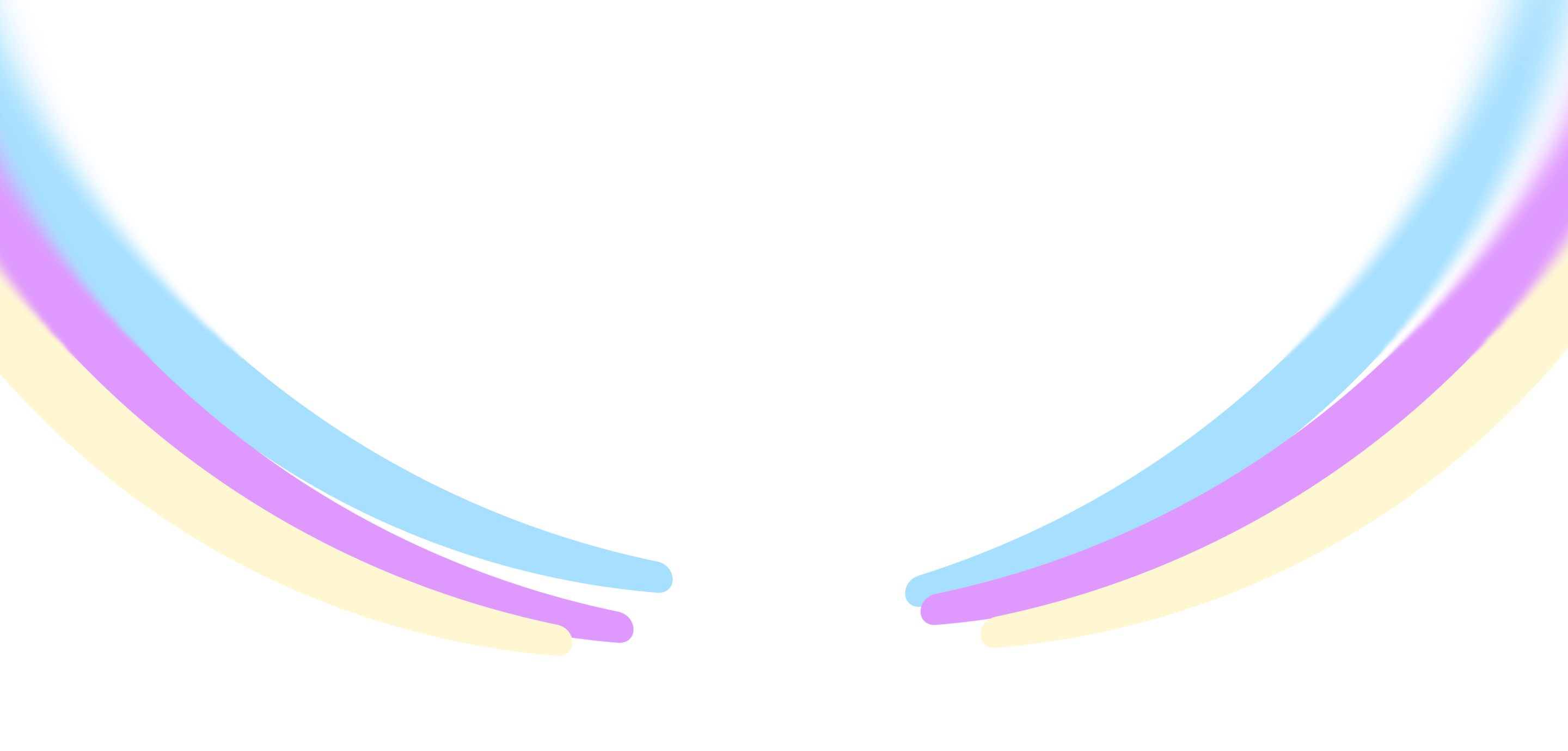 Three curved lines in yellow, purple, and blue colors arching upward from the bottom edges of the image on a black background.