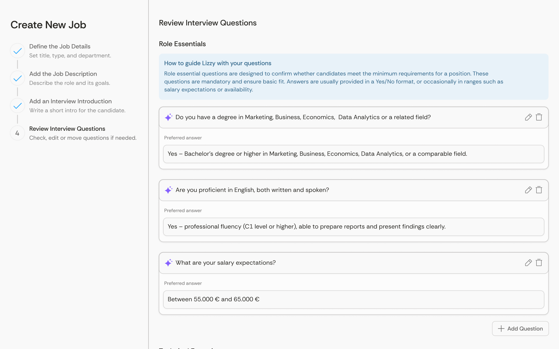 Job creation interface showing step 4: Review Interview Questions with essentials including degree requirement, English proficiency, and salary expectations with preferred answers.