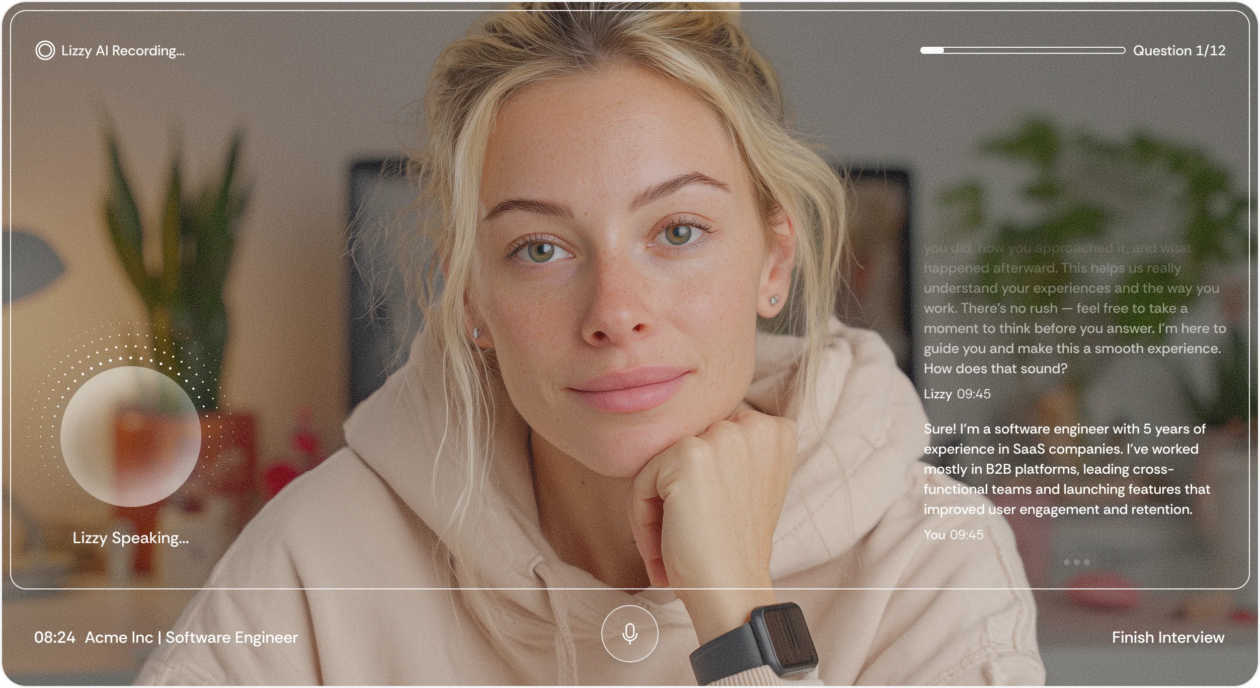 Close-up of a blonde woman in a beige hoodie speaking during a video interview with visible transcript text and progress bar.
