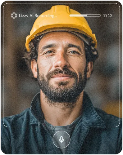 Man wearing a yellow construction helmet recording audio with a progress bar showing 7 of 12 segments.