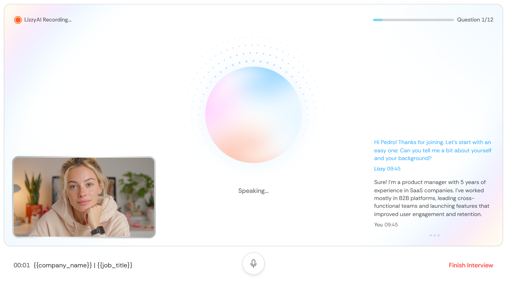 Virtual interview interface showing a woman in a hoodie with blonde hair in the video window, a colorful circular speaking indicator, transcript text of an interview question and answer, and a microphone button below.