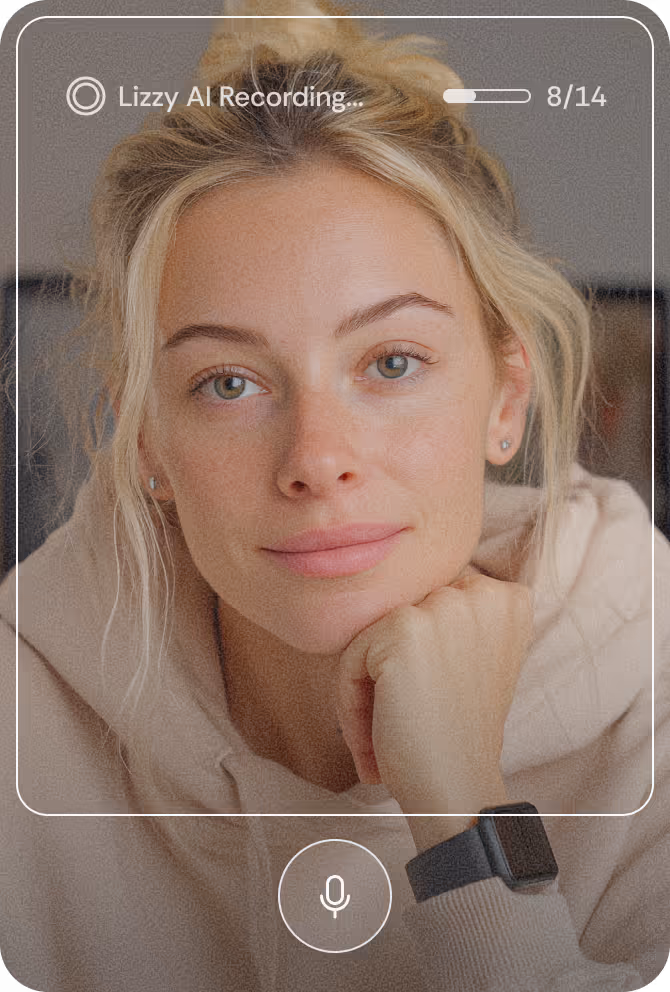 Close-up of a woman wearing a beige hoodie and a smartwatch, resting her chin on her hand during an AI recording session displayed on screen.