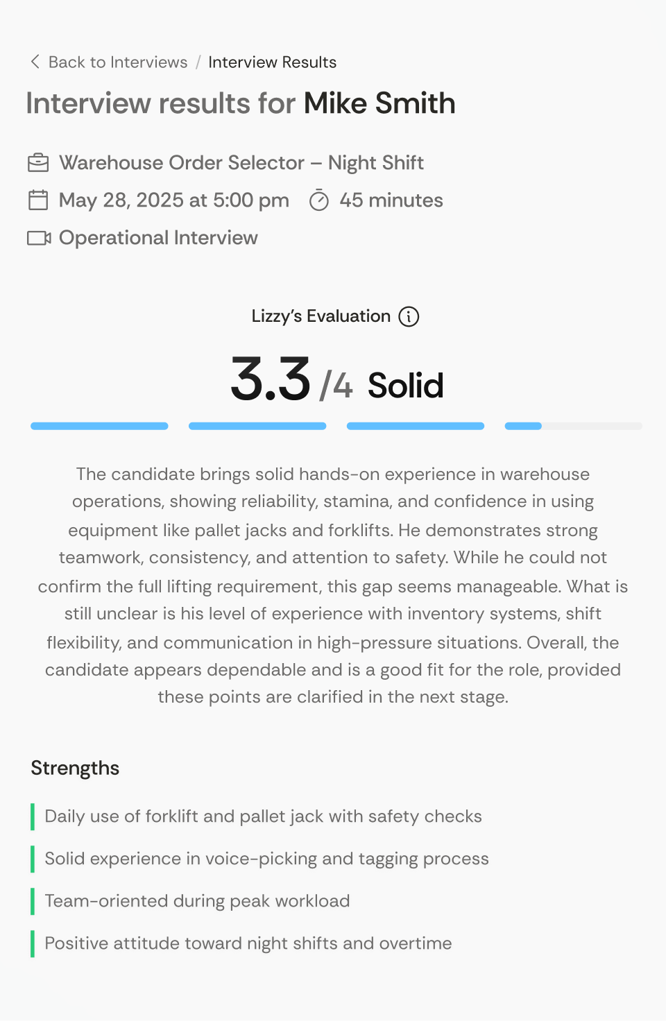Interview results for Mike Smith showing a 3.3 out of 4 rating with strengths including forklift use, voice-picking experience, teamwork, and positive attitude toward night shifts.