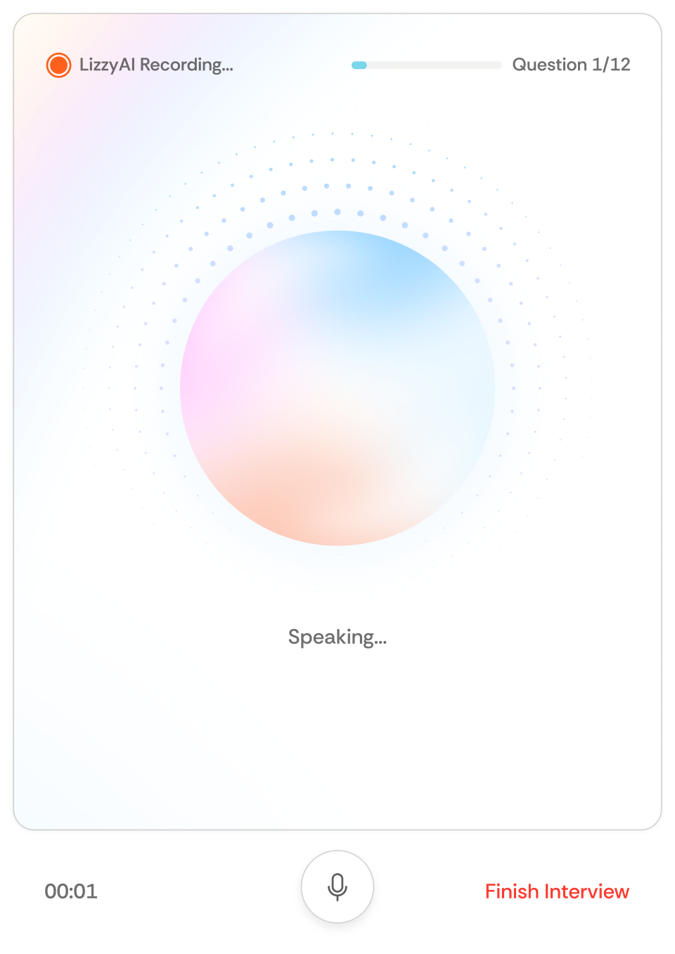 Voice recording interface showing LizzyAI recording question 1 of 12 with timer at 00:01 and a microphone button below.