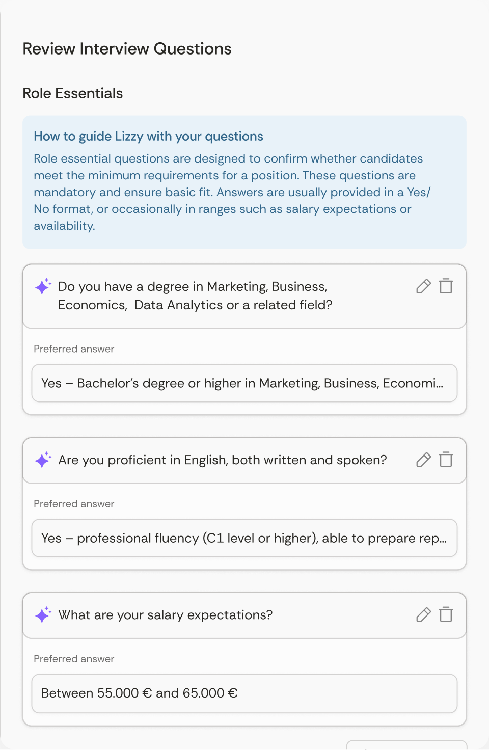 Review Interview Questions screen showing role essentials and three interview questions with preferred answers about degree, English proficiency, and salary expectations.