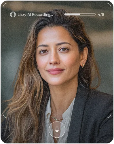 Portrait of a woman with long hair, wearing a dark blazer and white blouse, with a microphone icon below and recording status bar above.