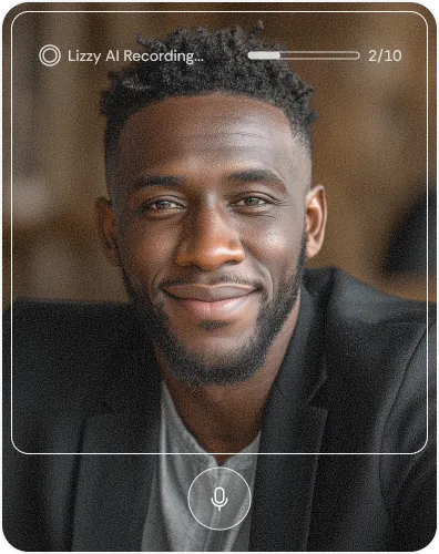 Smiling man in a patterned shirt and dark blazer using voice recording app on screen showing progress 2 of 10.