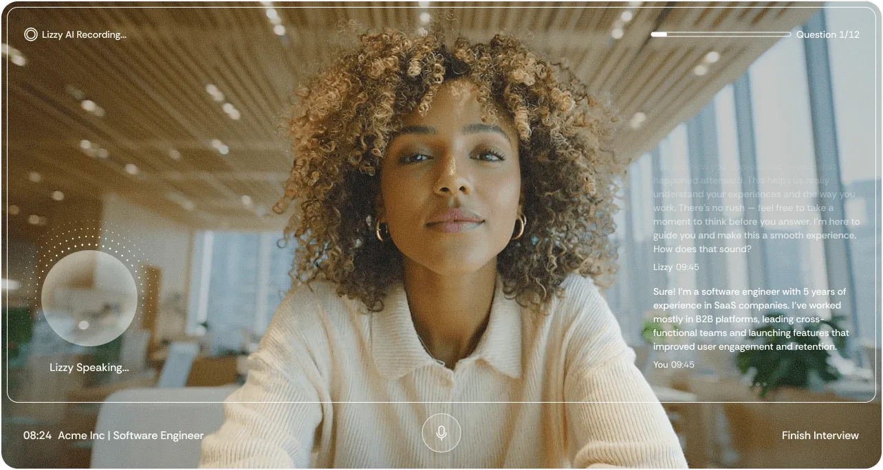 Woman with curly hair wearing a cream sweater participating in a virtual interview with text chat and progress bar visible.