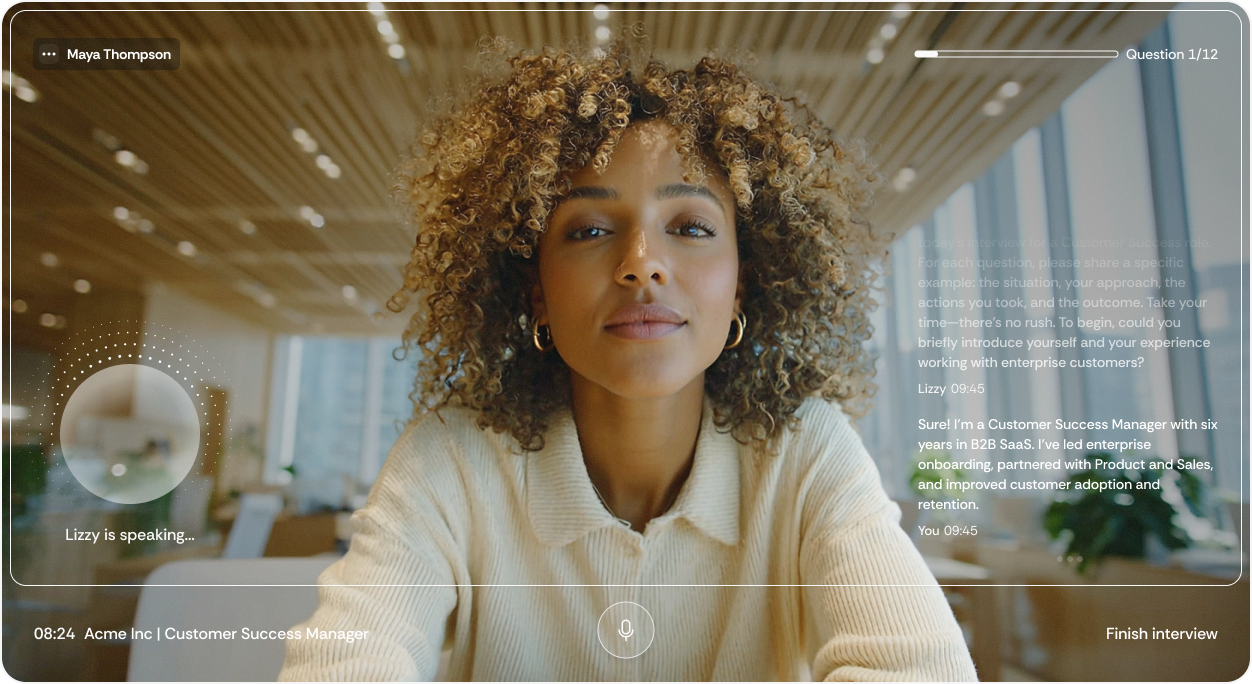 Woman with curly hair wearing a cream sweater participating in a virtual interview with text chat and progress bar visible.