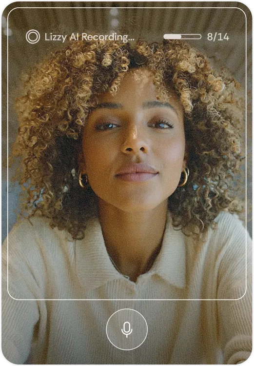 Close-up of a woman with curly hair wearing a cream sweater, framed in a voice recording app interface with a microphone icon.