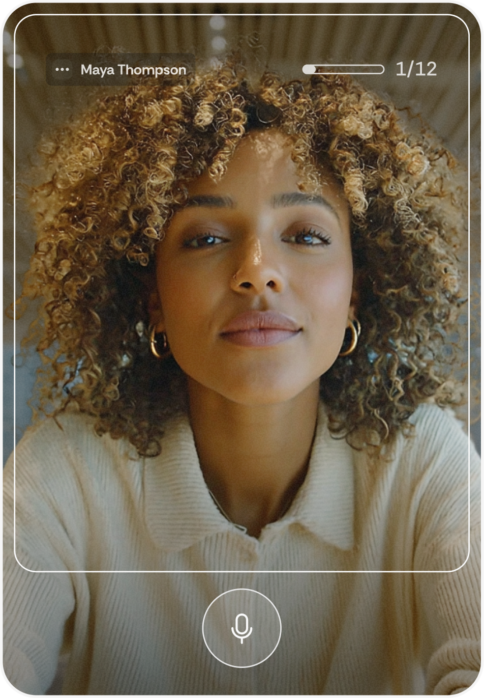 Close-up of a woman with curly hair wearing a cream sweater, framed in a voice recording app interface with a microphone icon.