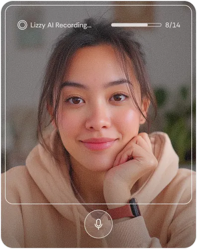 Smiling young woman wearing a beige hoodie resting her chin on her hand with a microphone icon below and audio recording progress bar labeled Lizzy AI Recording.