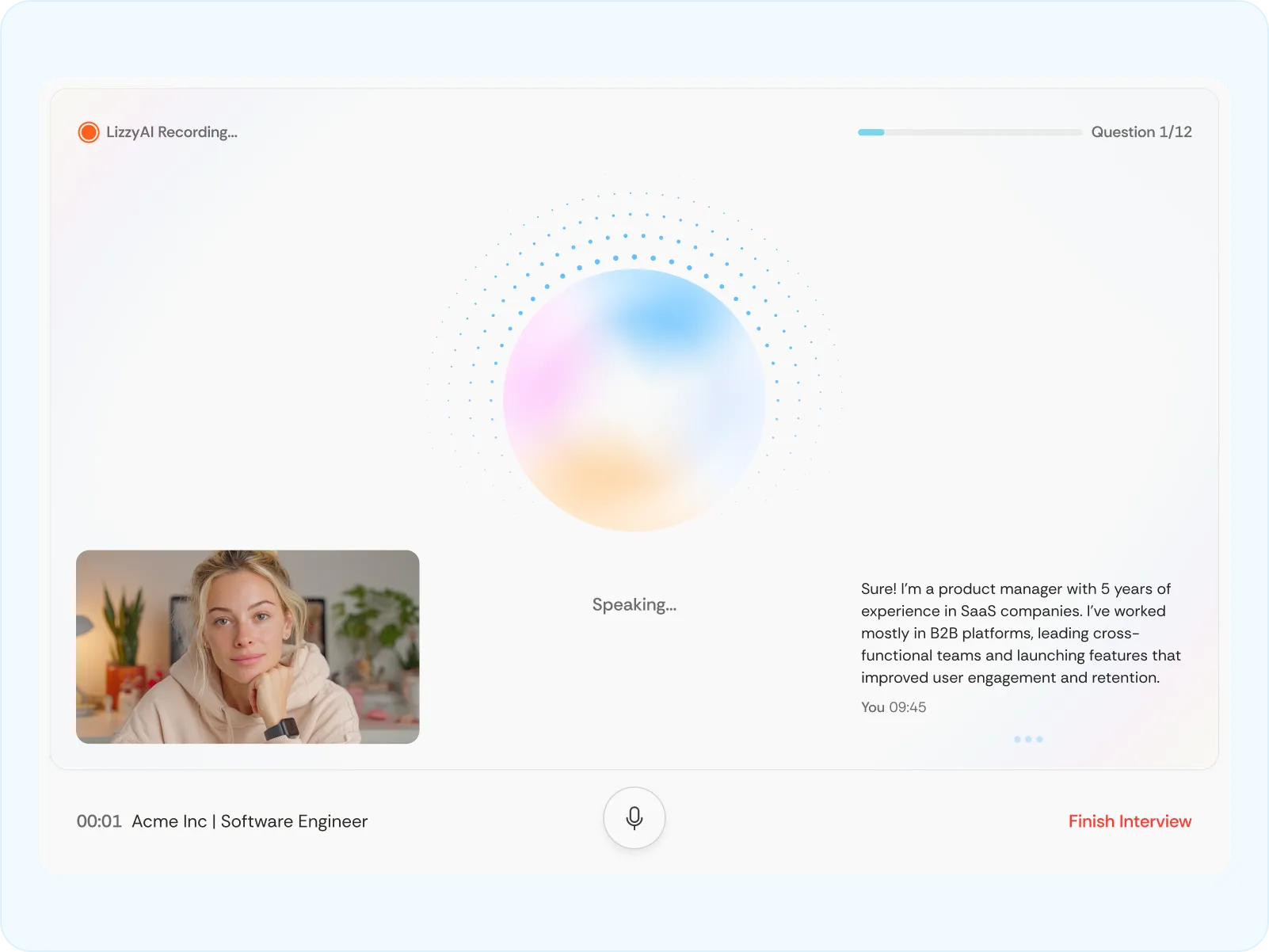 Video interview interface showing a woman speaking, with an AI recording indicator, question progress (1 of 12), and a chat transcript discussing work background.