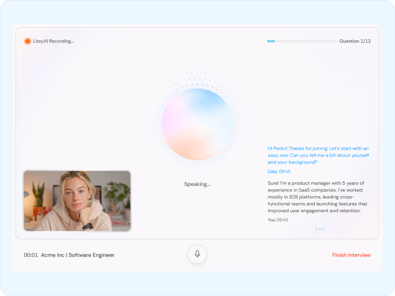 Video interview interface showing a woman speaking, with an AI recording indicator, question progress (1 of 12), and a chat transcript discussing work background.
