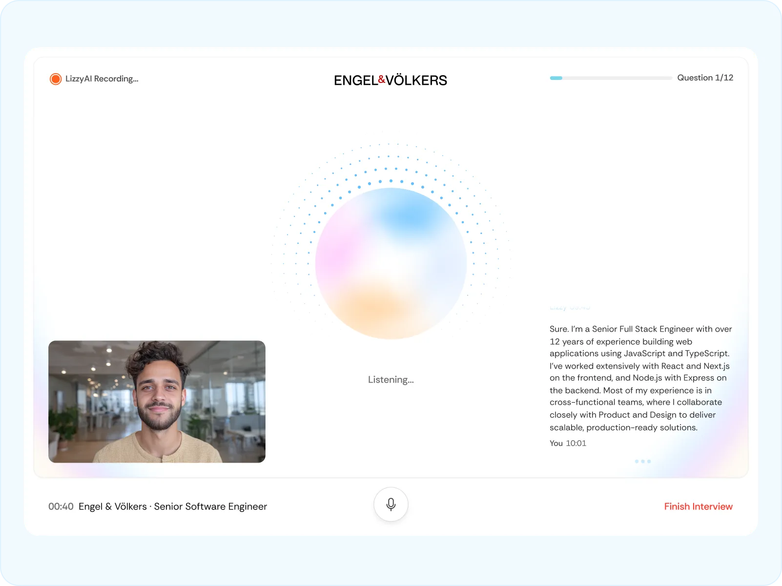 Video interview interface showing a woman speaking, with an AI recording indicator, question progress (1 of 12), and a chat transcript discussing work background.