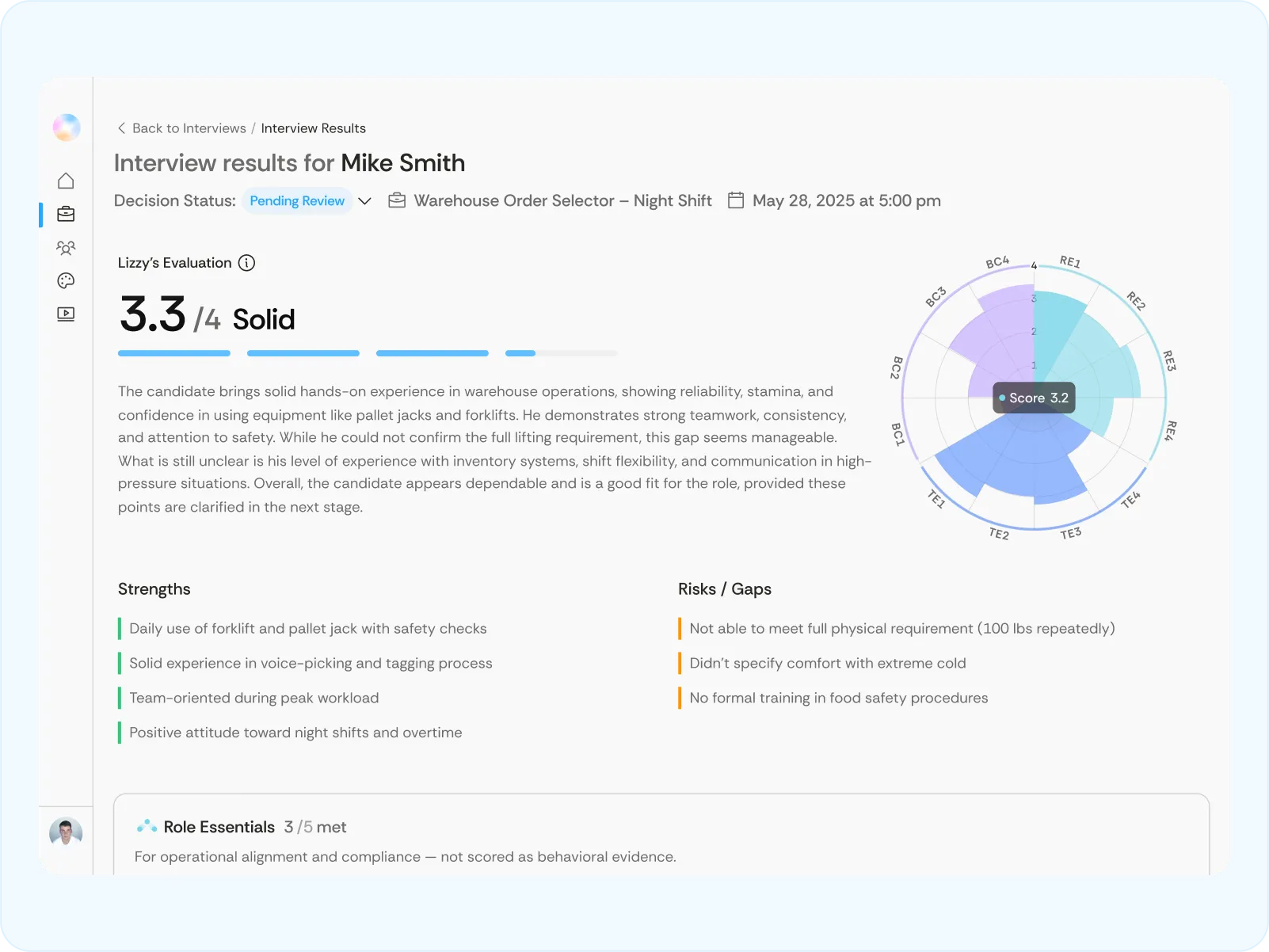 Interview results for Mike Smith showing a solid score of 3.3 out of 4 with strengths in forklift use and tagging, and risks including physical requirements and lack of safety training.