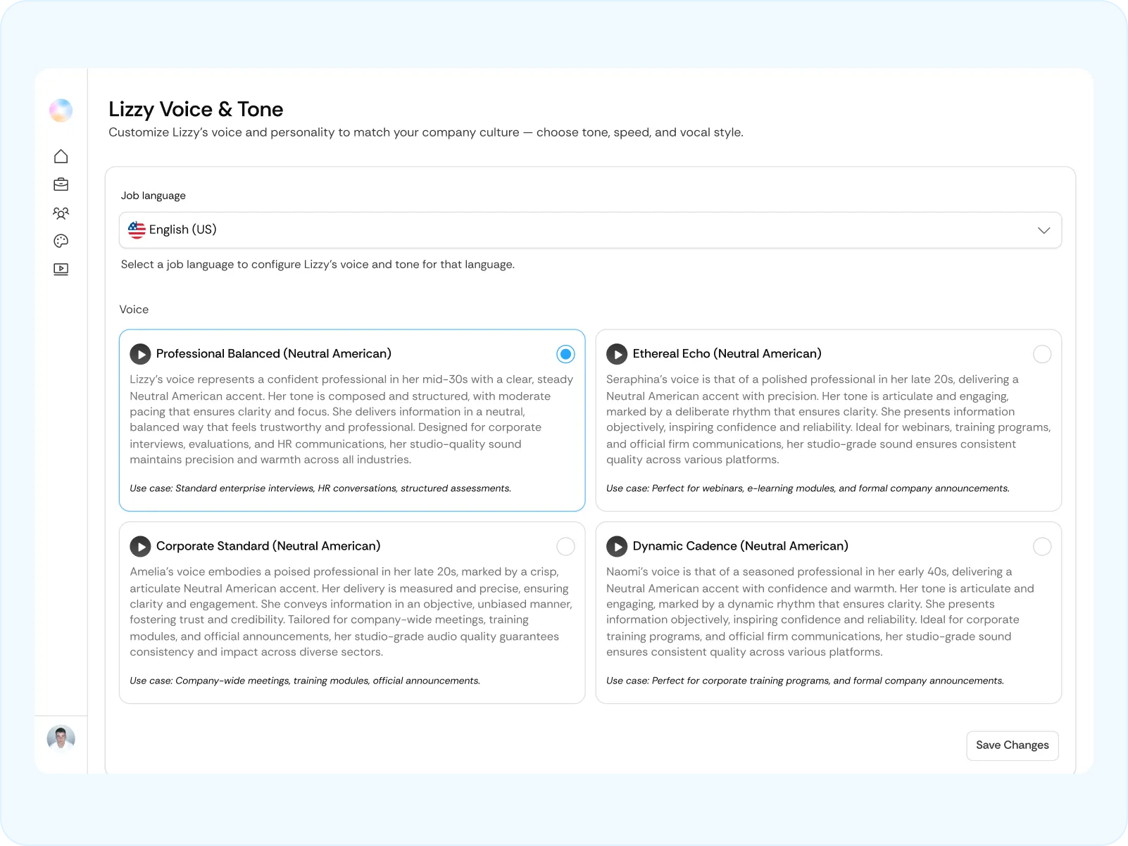 Interface for customizing Lizzy's voice and tone with options for professional or corporate neutral American accents and detailed descriptions.
