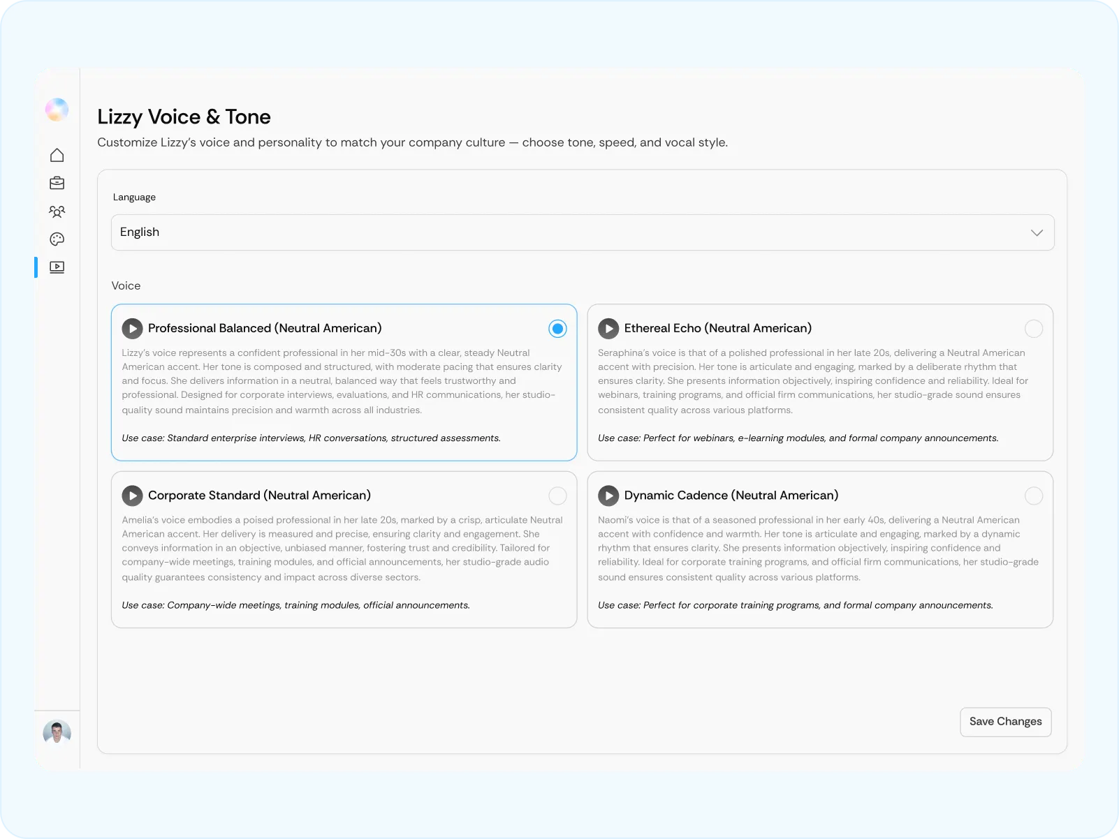 Interface for customizing Lizzy's voice and tone with options for professional or corporate neutral American accents and detailed descriptions.