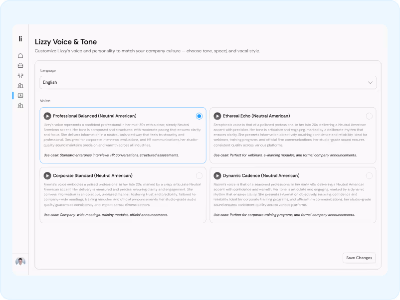 Interface for customizing Lizzy's voice and tone with options for professional or corporate neutral American accents and detailed descriptions.