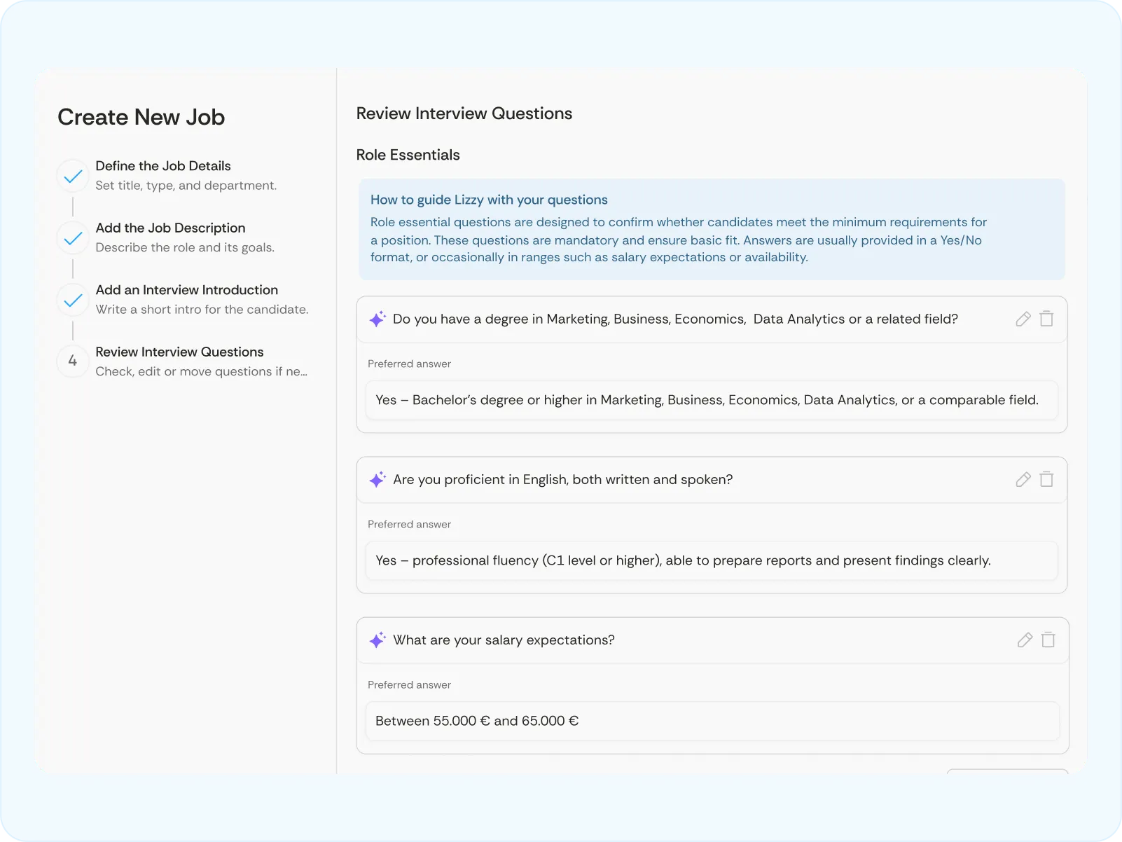 Screenshot of a job creation interface showing steps completed and reviewing interview questions related to marketing, language proficiency, and salary expectations.