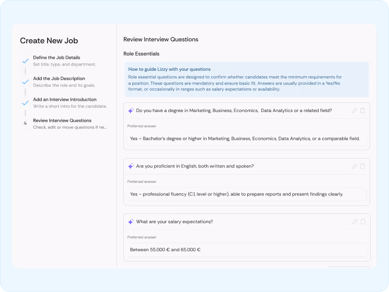 Screenshot of a job creation interface showing steps completed and reviewing interview questions related to marketing, language proficiency, and salary expectations.