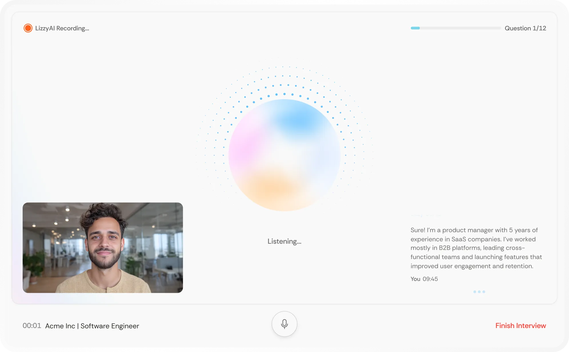 Video interview interface showing a man with dark curly hair and a beard in a modern office, with AI recording and a progress bar for question 1 of 12.