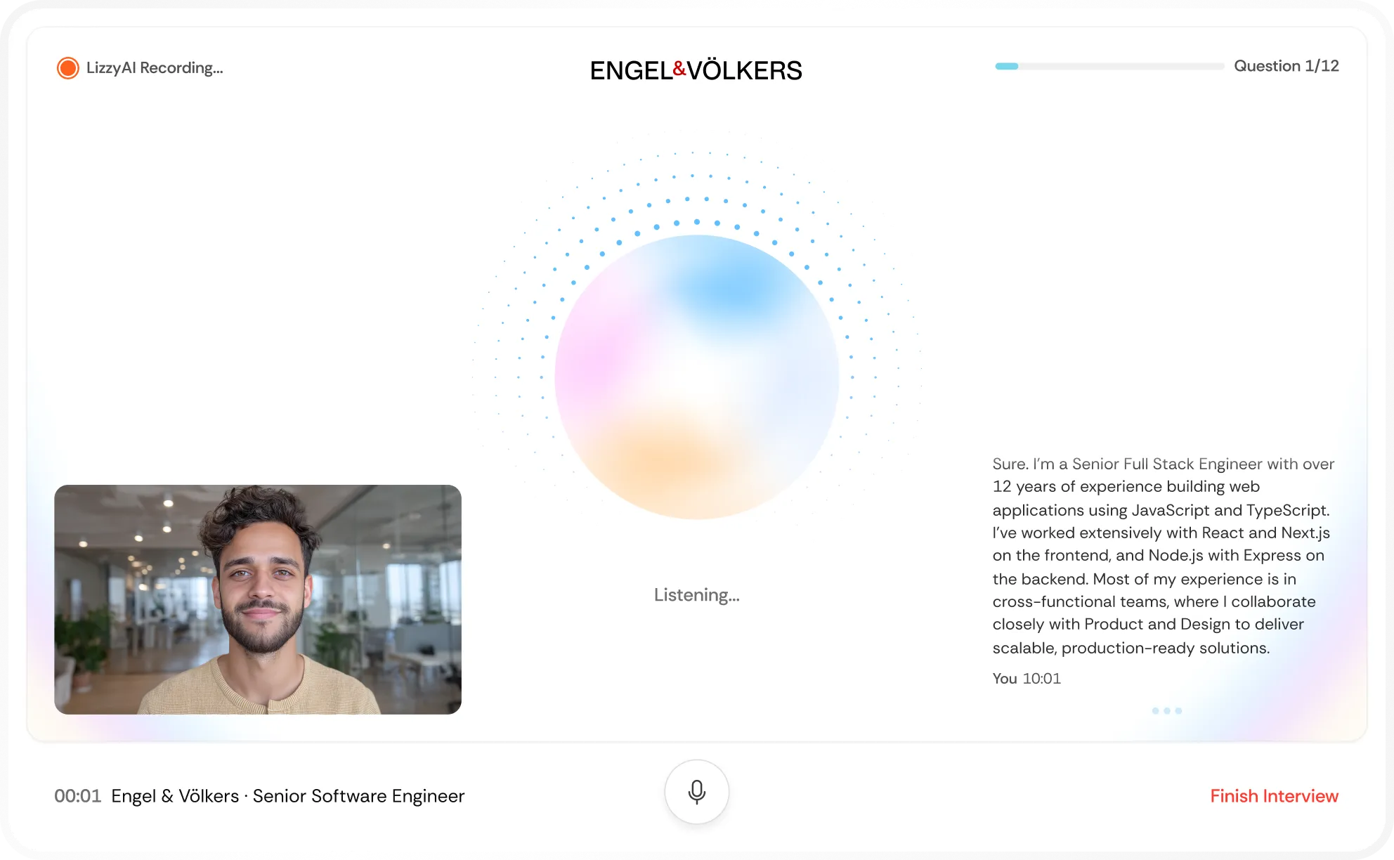 Video interview interface showing a man with dark curly hair and a beard in a modern office, with AI recording and a progress bar for question 1 of 12.