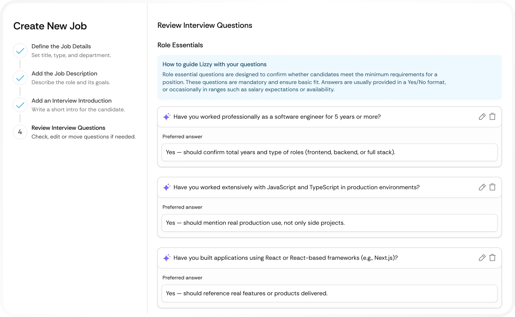 Job creation interface showing completed steps and review of interview questions on marketing degree, English proficiency, and salary expectations between 55,000 € and 65,000 €.