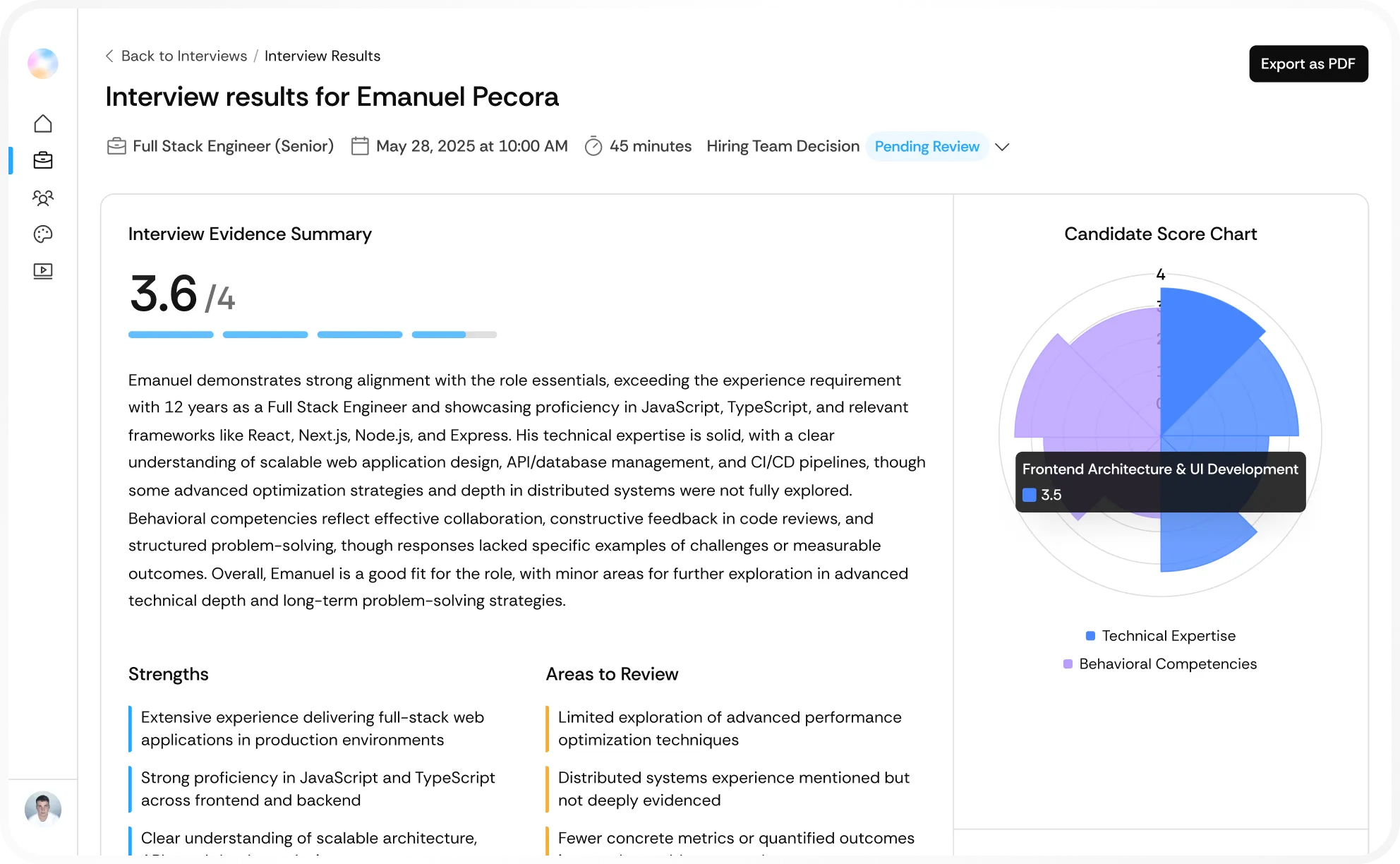 Interview results for Mike Smith showing a 3.3 out of 4 score labeled as Solid, with evaluation highlighting strengths like forklift use, teamwork, and positive attitude, and risks including physical requirement and food safety training gaps. A radar chart on the right visualizes category scores.