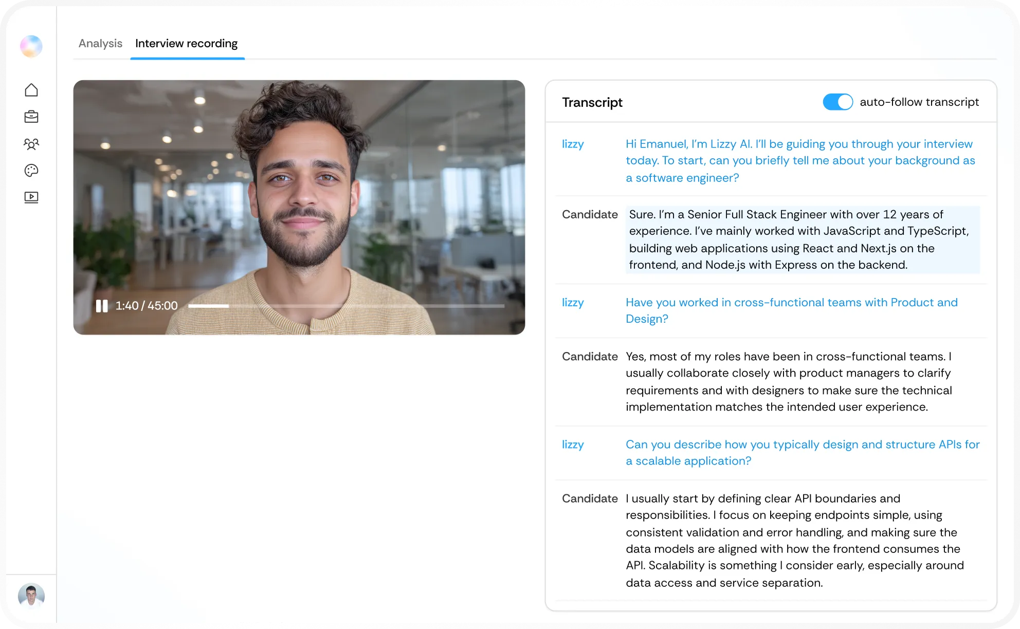 Video interview interface showing a man smiling on the left and a transcript of the interview on the right with AI interviewer 'Lizzy' and candidate responses about work availability and experience.
