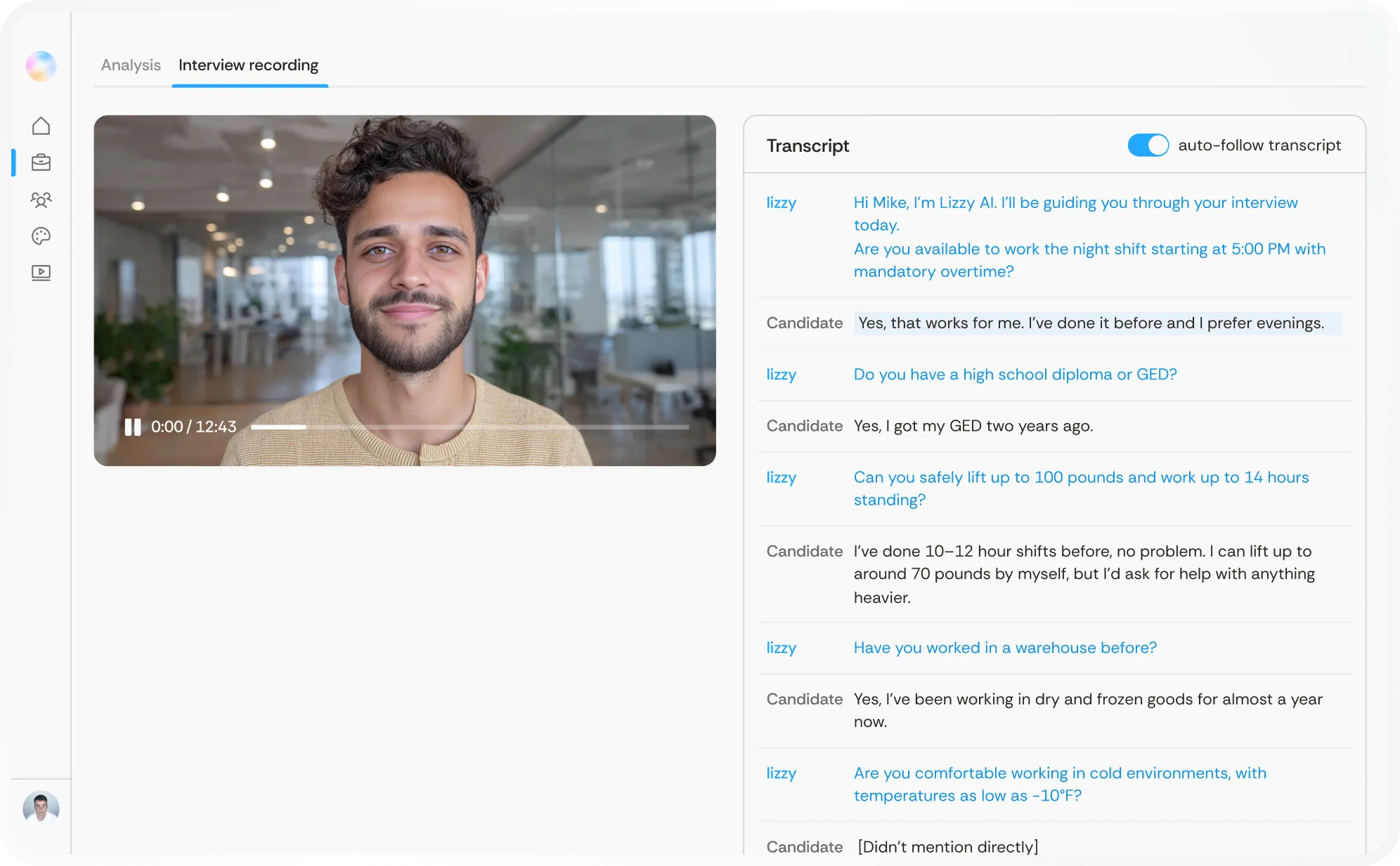 Video interview interface showing a man smiling on the left and a transcript of the interview on the right with AI interviewer 'Lizzy' and candidate responses about work availability and experience.