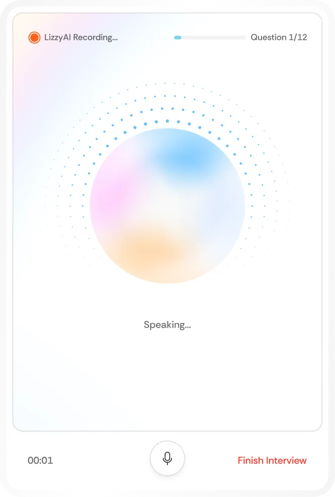 Mobile screen showing LizzyAI recording an interview, displaying Speaking status, question 1 of 12, timer at 00:01, and Finish Interview option.