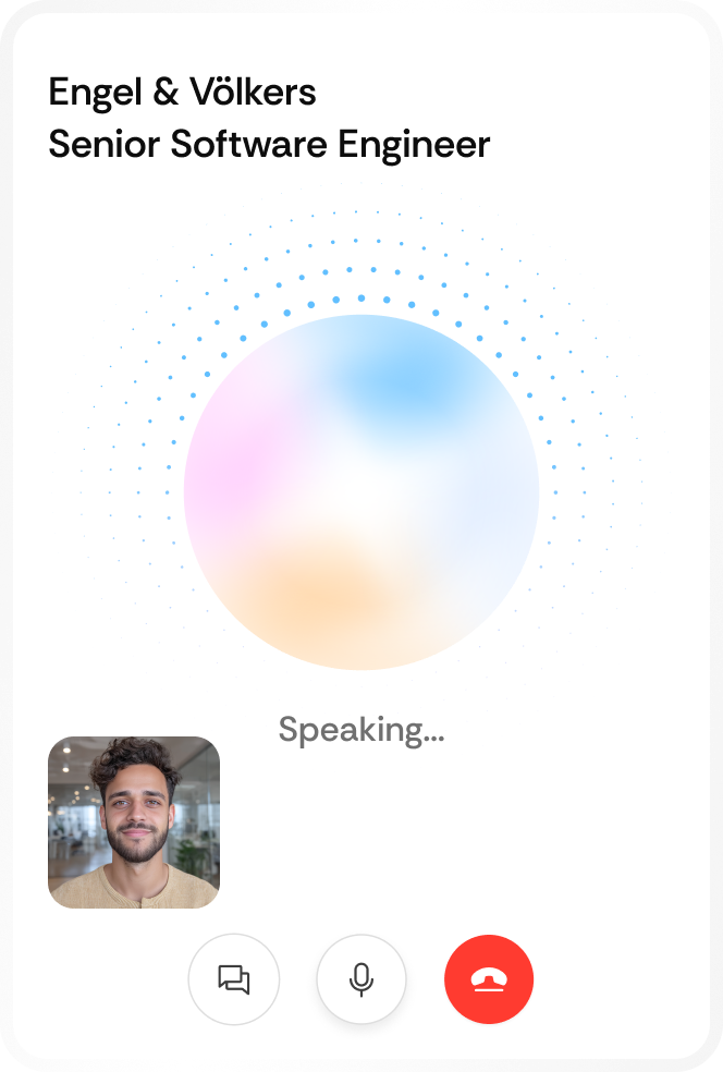 Mobile screen showing LizzyAI recording an interview, displaying Speaking status, question 1 of 12, timer at 00:01, and Finish Interview option.