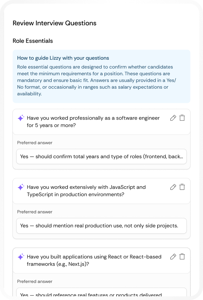 Review Interview Questions screen showing role essentials with three questions about degree, English proficiency, and salary expectations along with preferred answers.