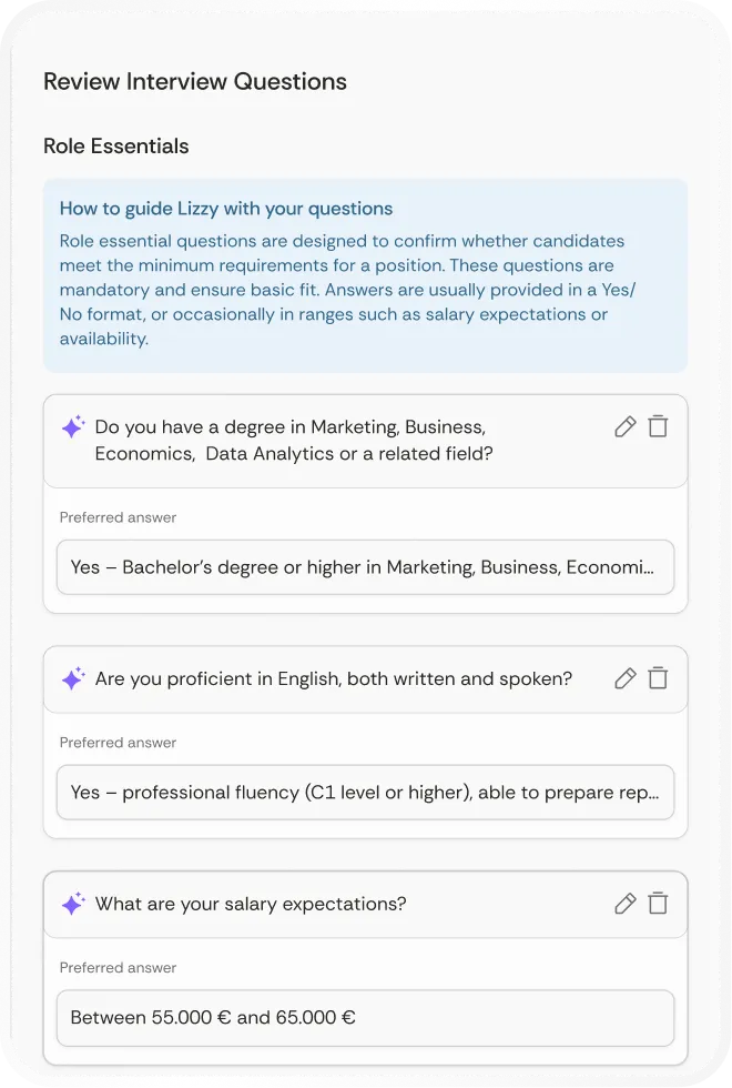 Review Interview Questions screen showing role essentials with three questions about degree, English proficiency, and salary expectations along with preferred answers.
