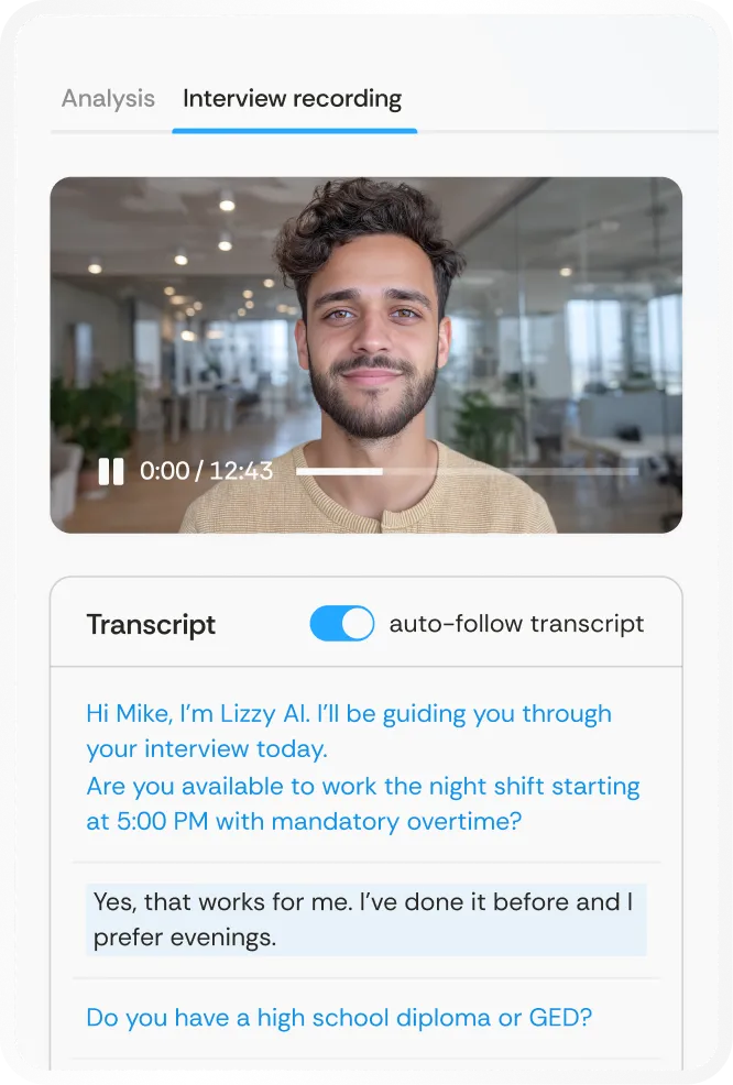 Screenshot of an interview recording app showing a man with dark curly hair and beard, video paused at 0:00 of 12:43, with transcript text discussing availability for night shift and high school diploma.