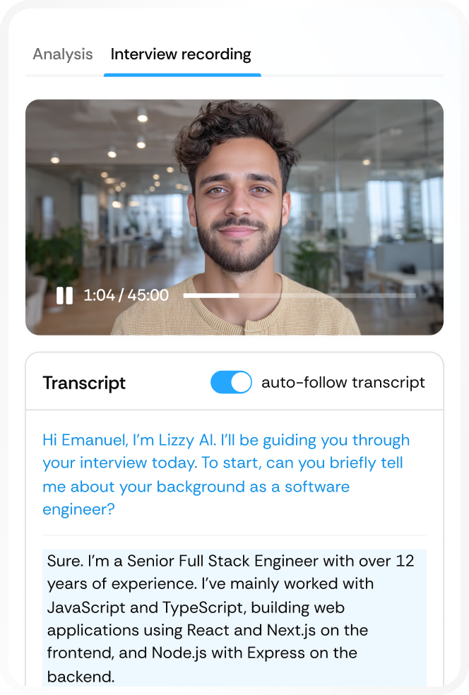 Screenshot of an interview recording app showing a man with dark curly hair and beard, video paused at 0:00 of 12:43, with transcript text discussing availability for night shift and high school diploma.