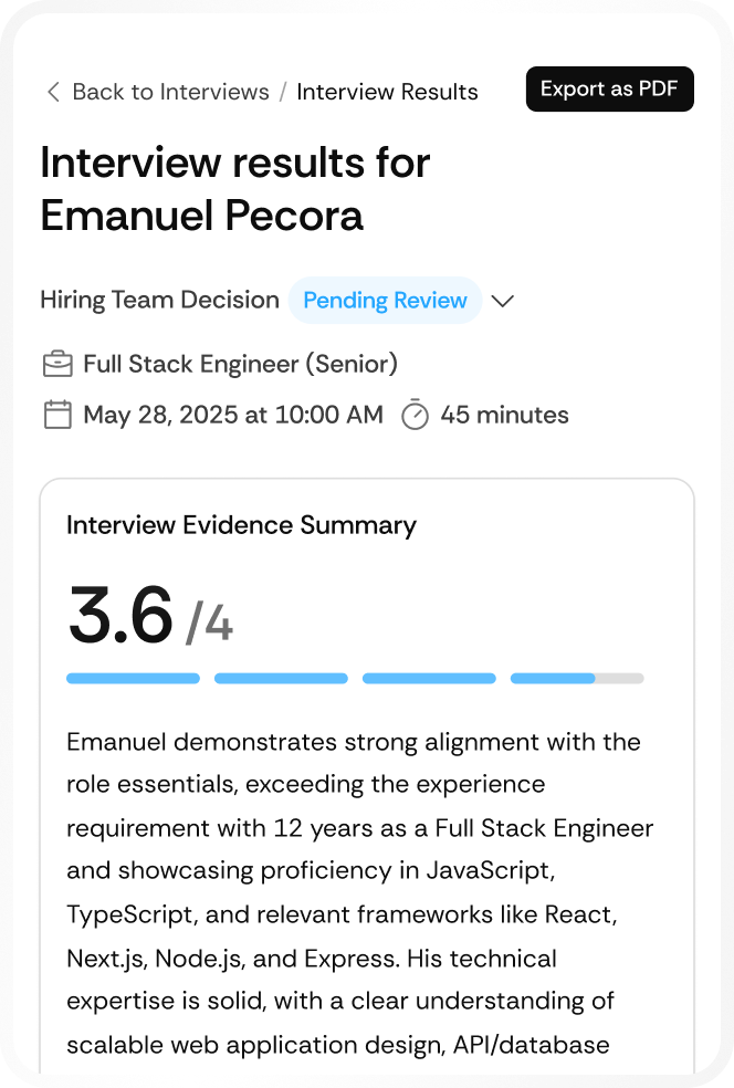 Interview results for Mike Smith for Warehouse Order Selector Night Shift on May 28, 2025, scored 3.3 out of 4 as solid, highlighting hands-on warehouse experience, reliability, stamina, teamwork, and safety focus, with strengths including forklift use, voice-picking, teamwork, and positive attitude toward night shifts and overtime.