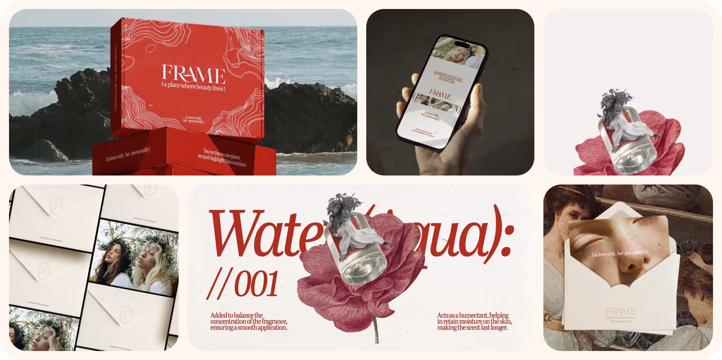 Collage showing Frame brand packaging, a perfume bottle on a red flower, and a phone displaying Frame's website.