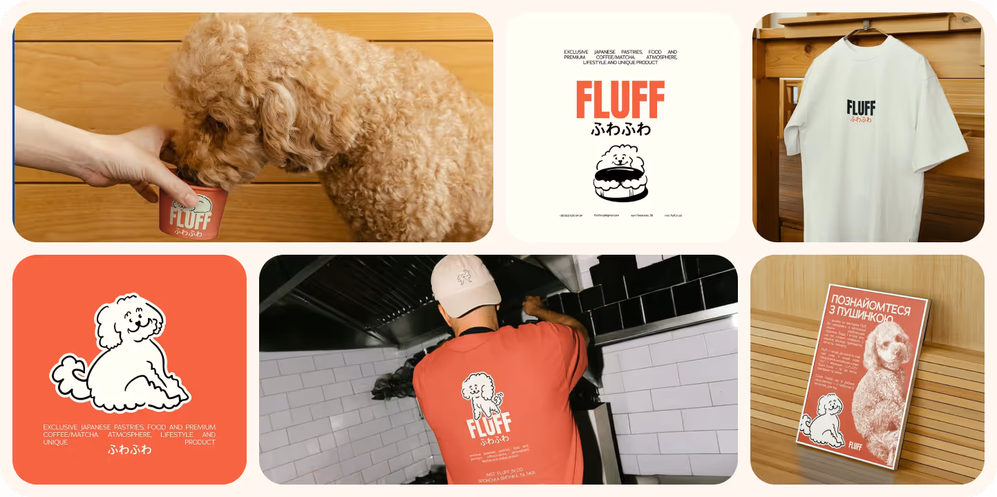 Collage showing a fluffy brown dog licking from a red FLUFF cup, FLUFF logo with a cartoon dog, white FLUFF t-shirt hanging, person wearing a red FLUFF shirt in a kitchen, and a FLUFF dog poster on a wooden bench.