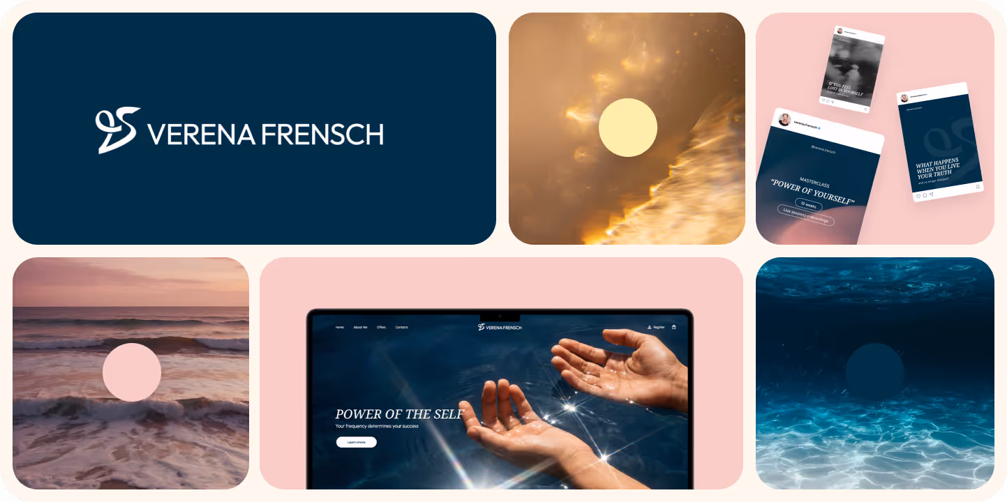 Collage featuring Verena Frensch logo, glowing lights, social media posts, ocean waves at sunset, hands catching sunlight over water on a tablet screen, and underwater scene with blue light.