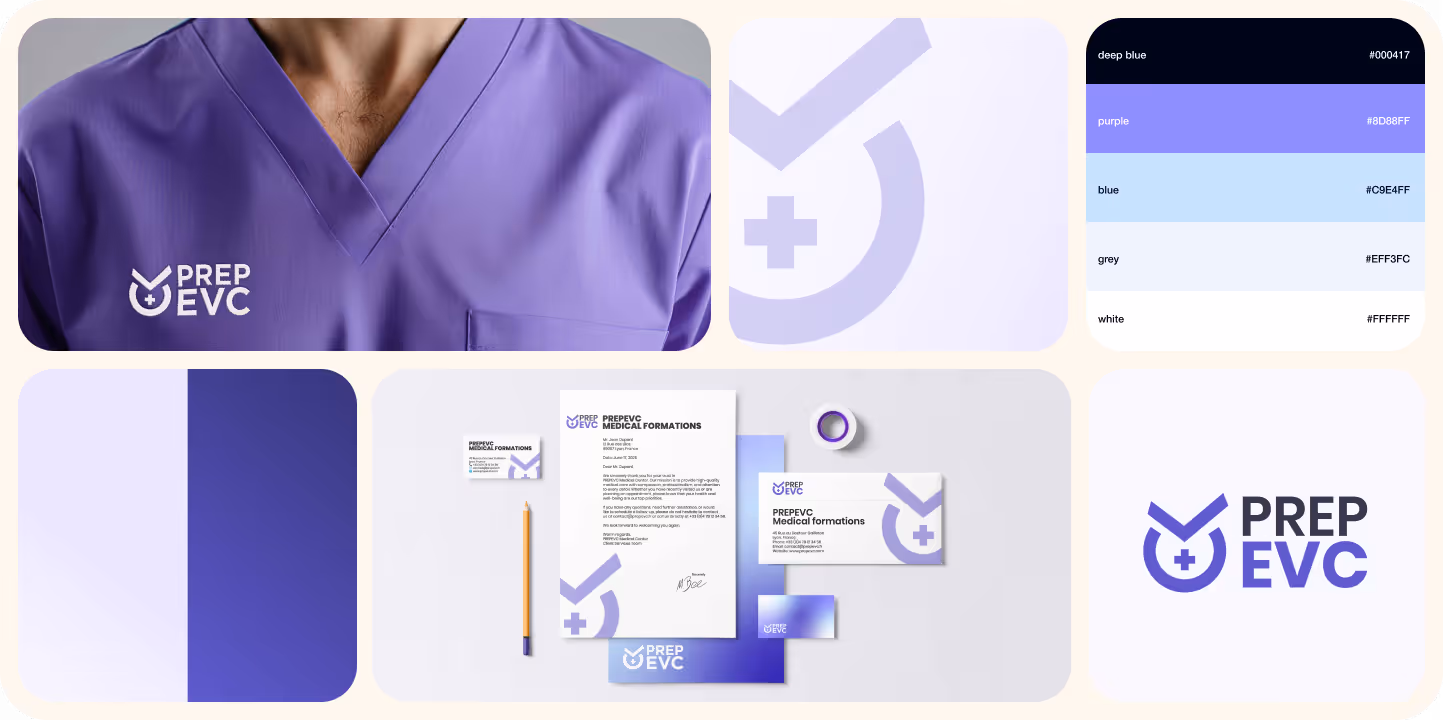 Branding presentation for PREP EVC featuring purple medical scrubs, logo, color palette, and stationery.
