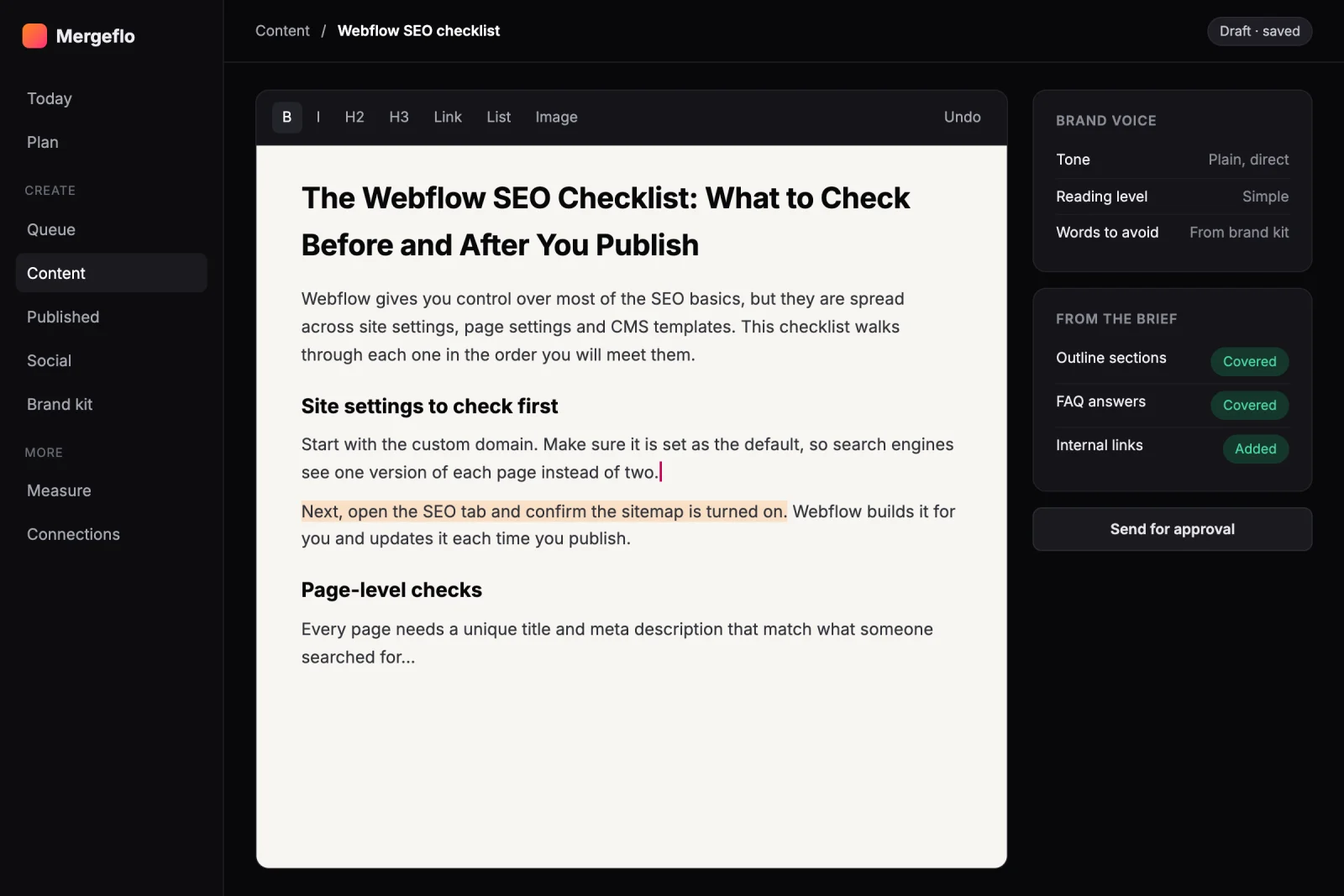 Simplified view of a Mergeflo draft in the editor, written in the brand voice and fully editable