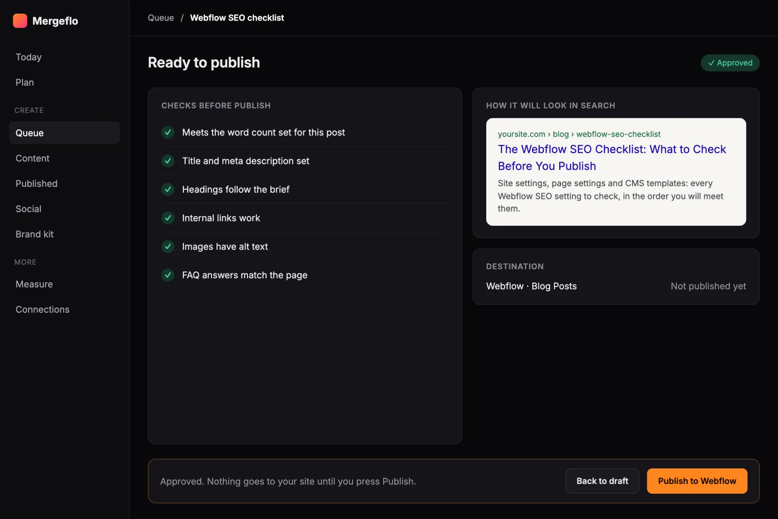 Simplified view of the Mergeflo approval step, before a person presses Publish to Webflow