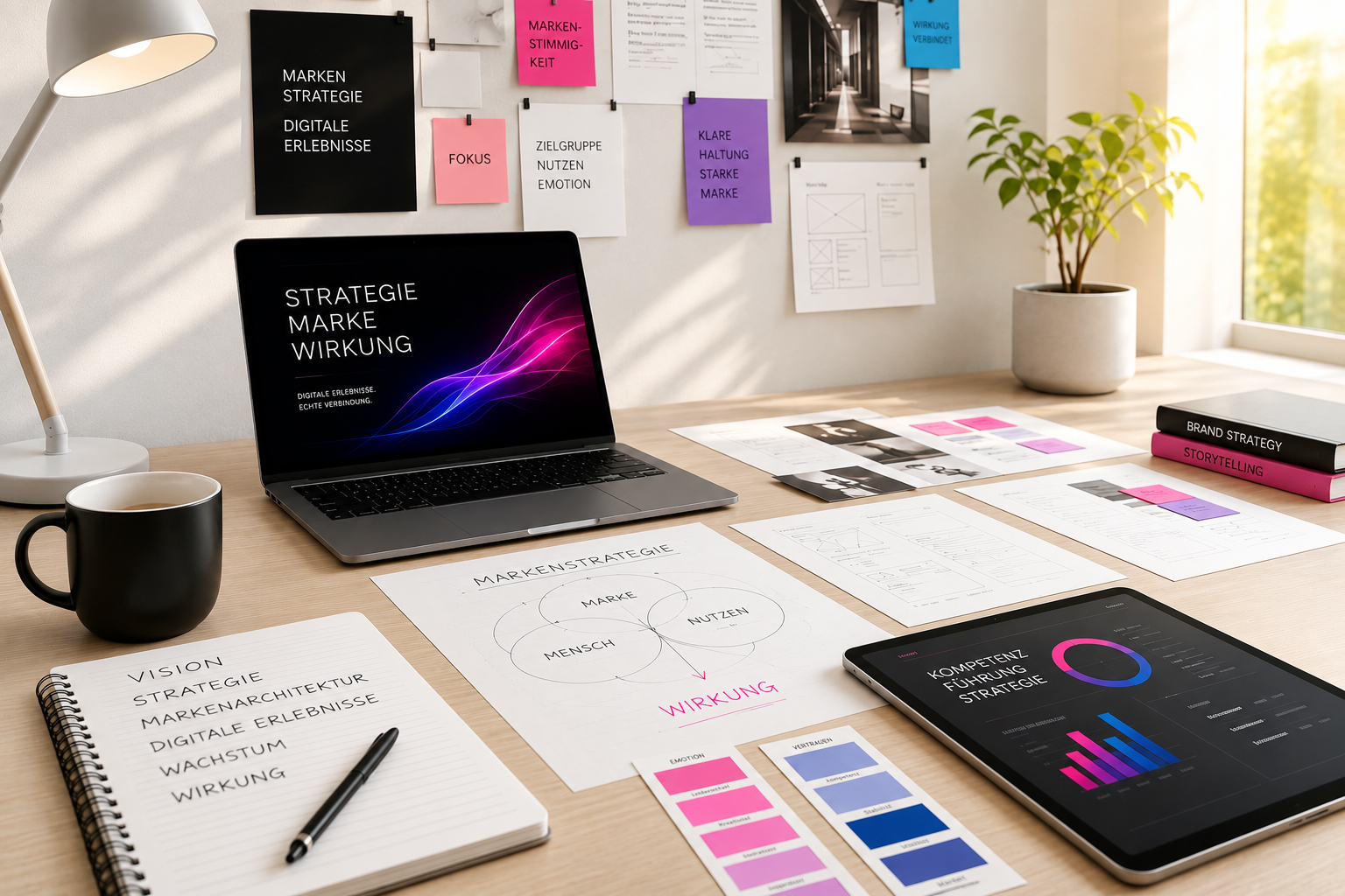 Strategischer Creative-Workspace mit Marken-, UX- und Designkonzepten in den Farben Blau, Magenta und Lila.